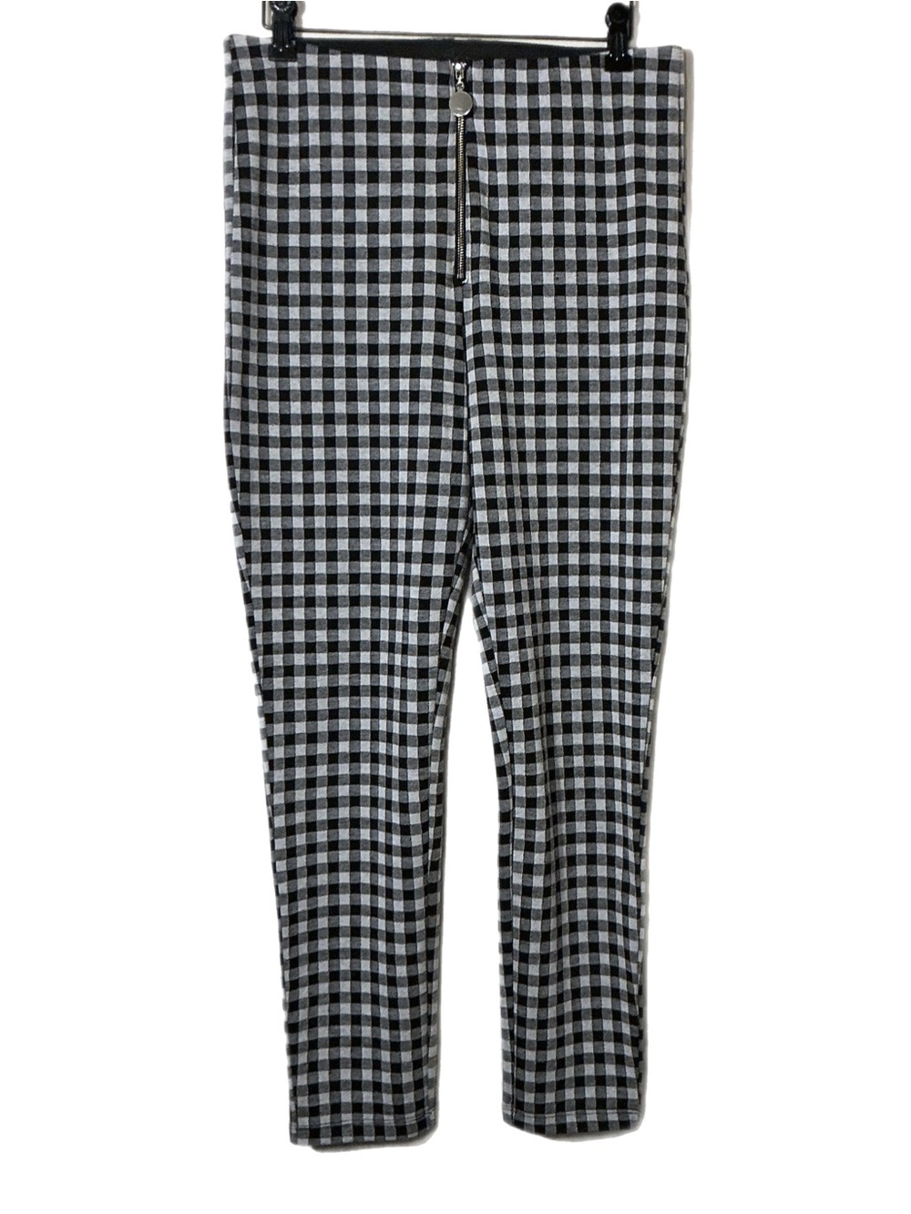 Zara Black White Gingham Ankle Pants L Gold Zip Career Office Fall Stretch